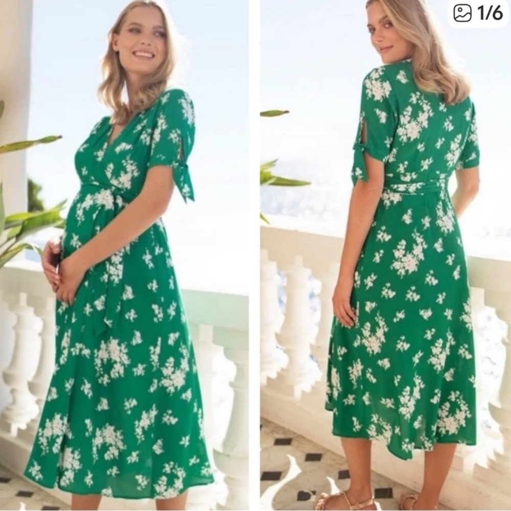 Seraphine Bessie Maternity Wrap Floral Green‎ & White Maxi Dress, Size 4